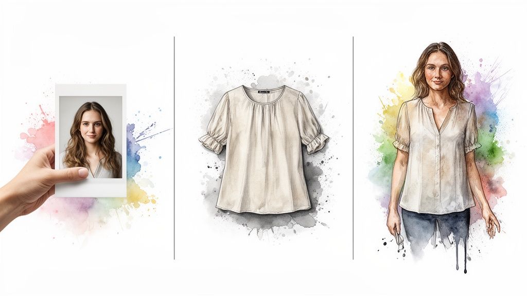 A hand holds a photo of a woman, next to a blouse design, and a watercolor fashion illustration.