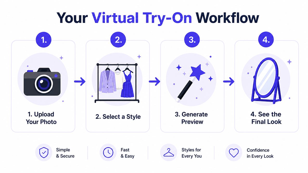 A four-step graphic showing the process for a virtual try-on workflow for clothing and fashion.