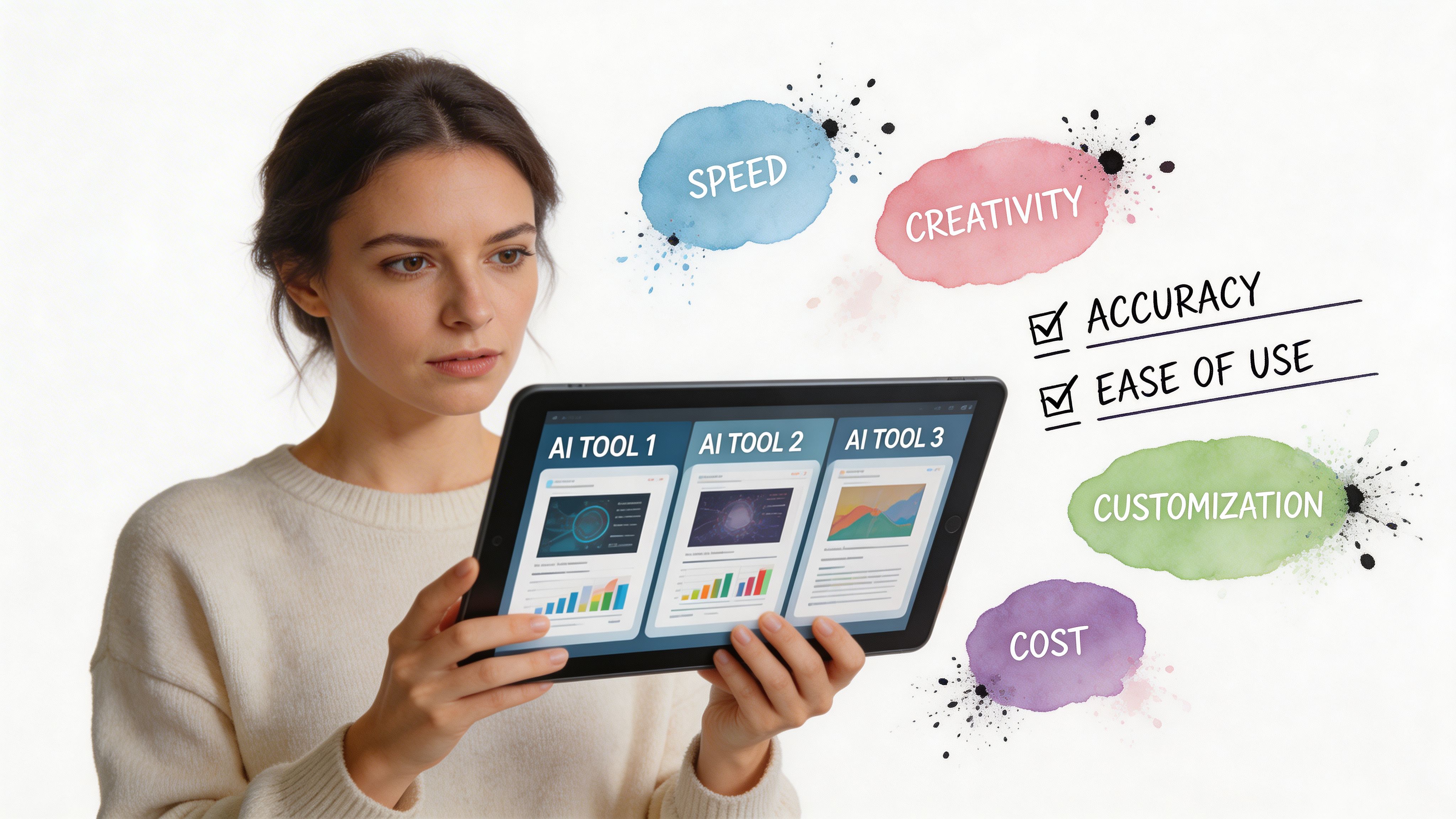 A young woman examining AI software options on a tablet screen with colorful conceptual markers.