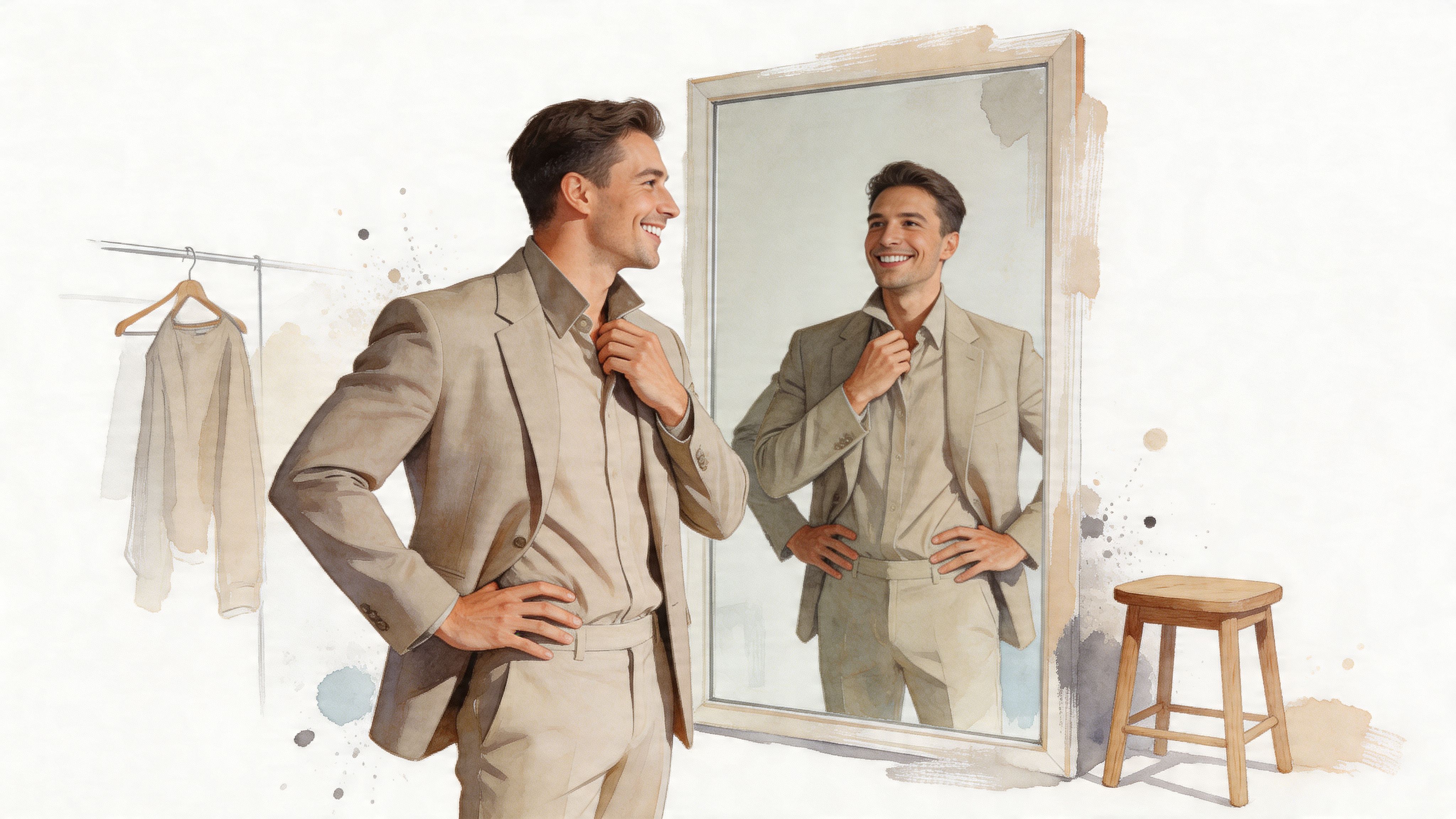 A man wearing a tan suit admires his reflection in a standing mirror in a well-lit room.