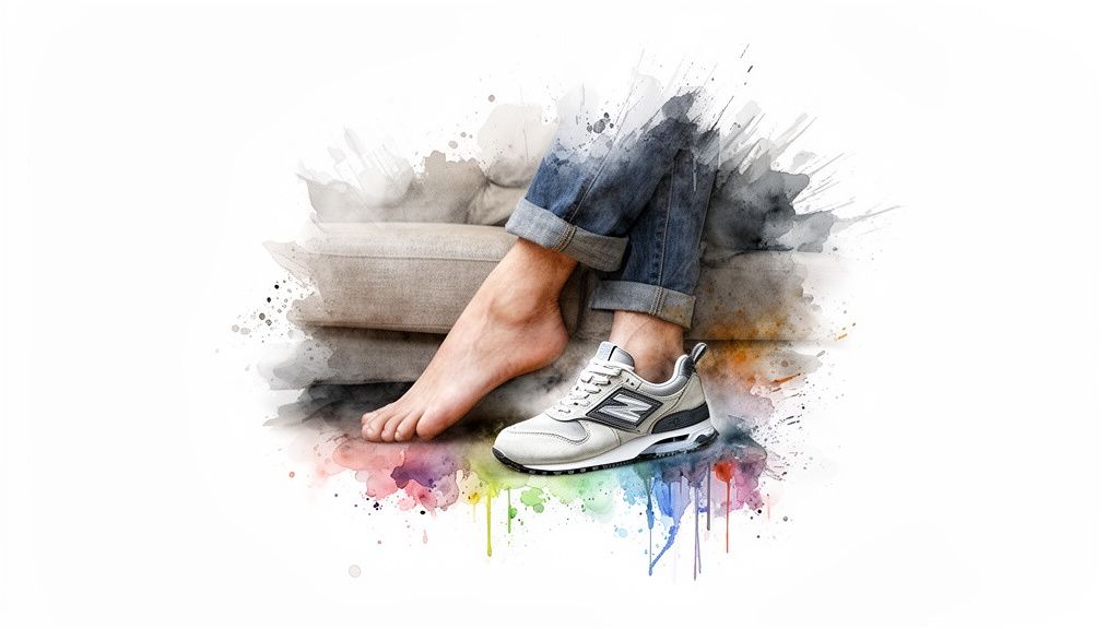 Relaxed person with one bare foot and a stylish New Balance sneaker, surrounded by watercolor art.