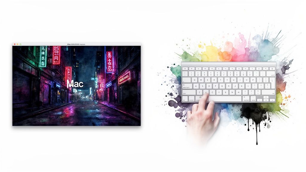 A Mac screen showing a neon city scene next to a keyboard with colorful paint splatters.