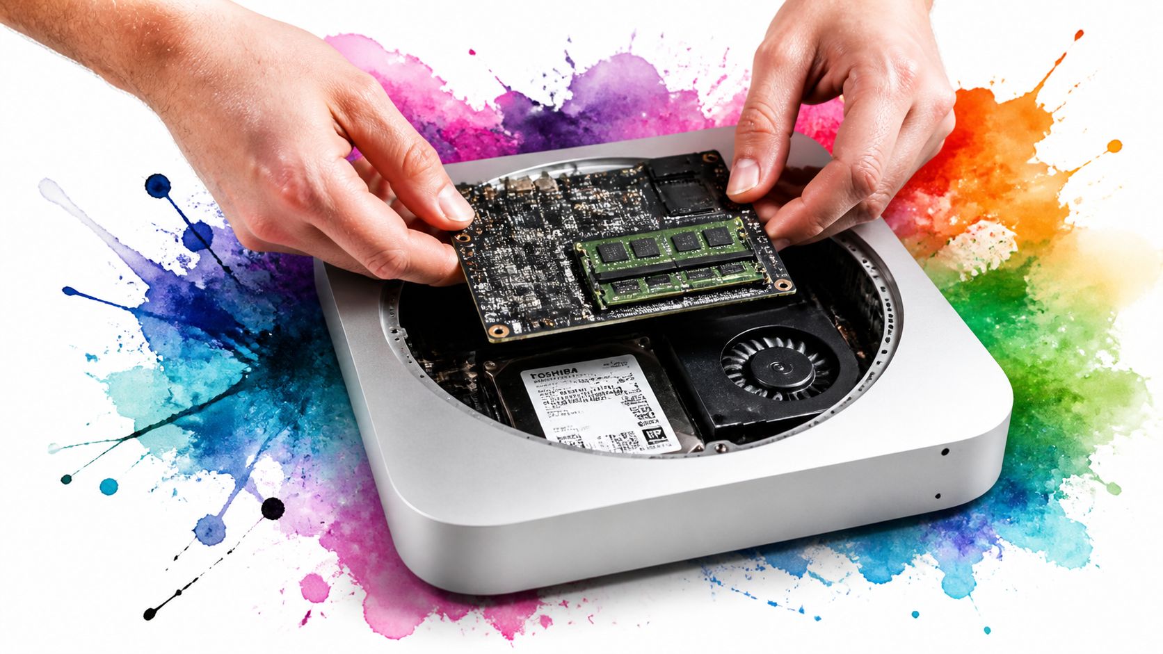 A person carefully installing a circuit board with memory modules into a silver 2012 Mac Mini computer.