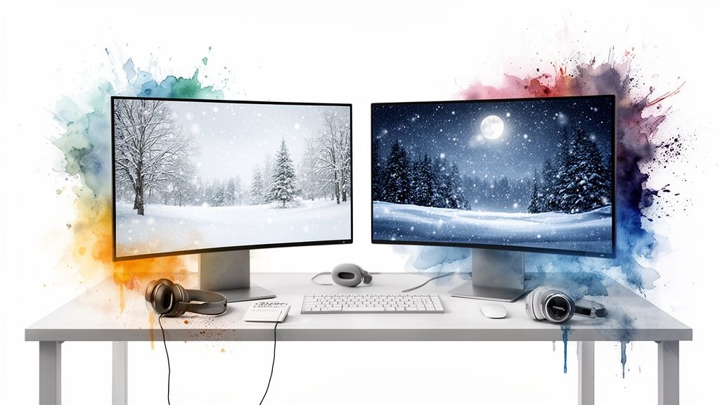 Dual monitors on a desk display serene winter landscapes with snow and trees, surrounded by watercolor splashes.