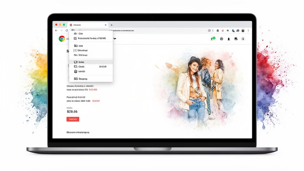 A laptop displays a shopping app in a Chrome browser with a fashion illustration and dropdown menu.