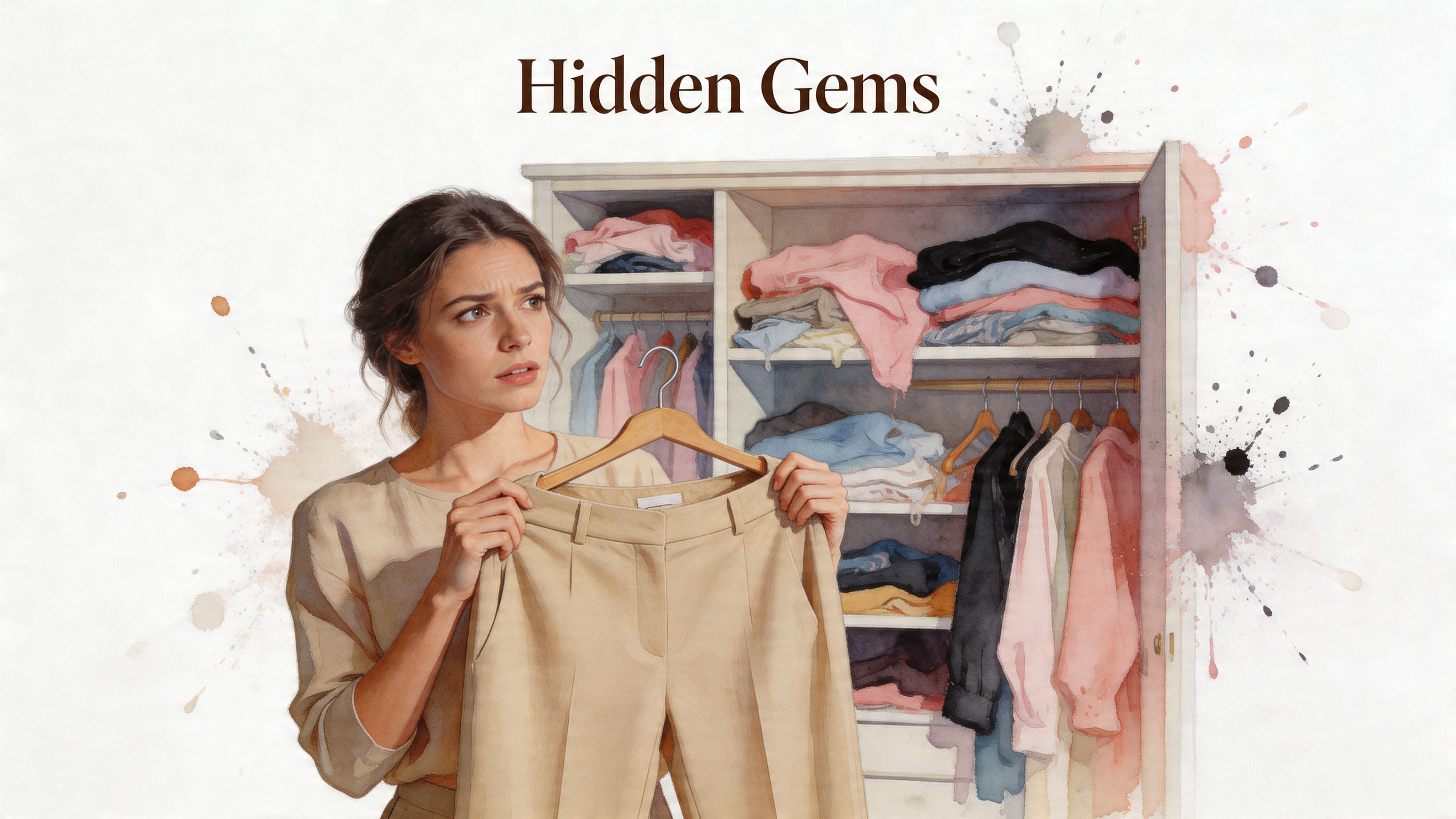 A thoughtful woman holding beige trousers in front of her organized closet searching for outfits.