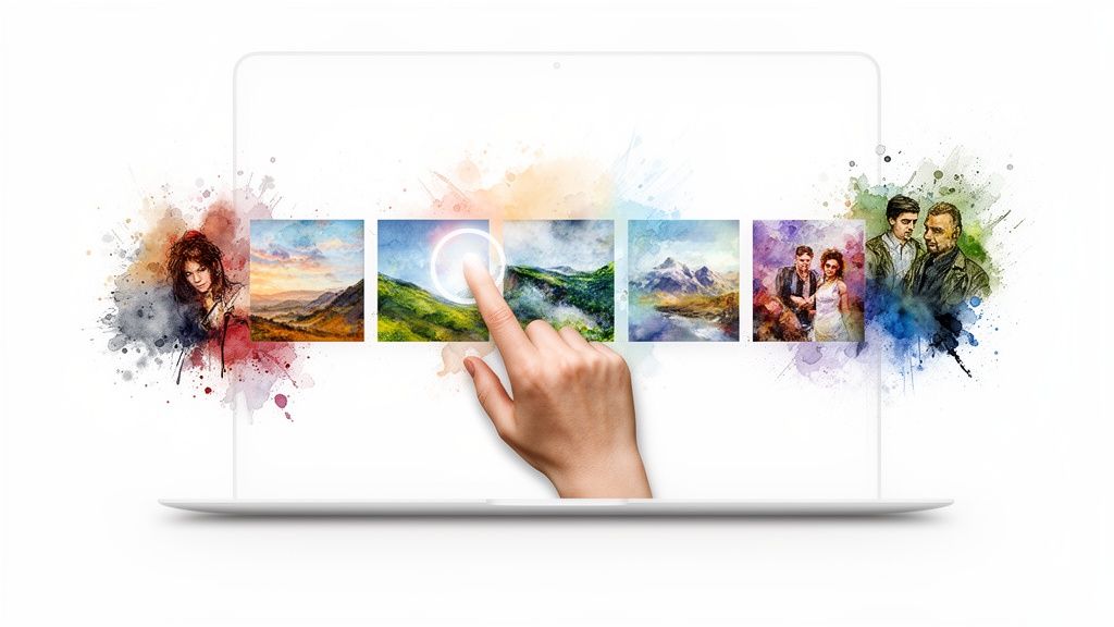 A hand touches one of several watercolor art images displayed on a laptop screen, surrounded by splashes.