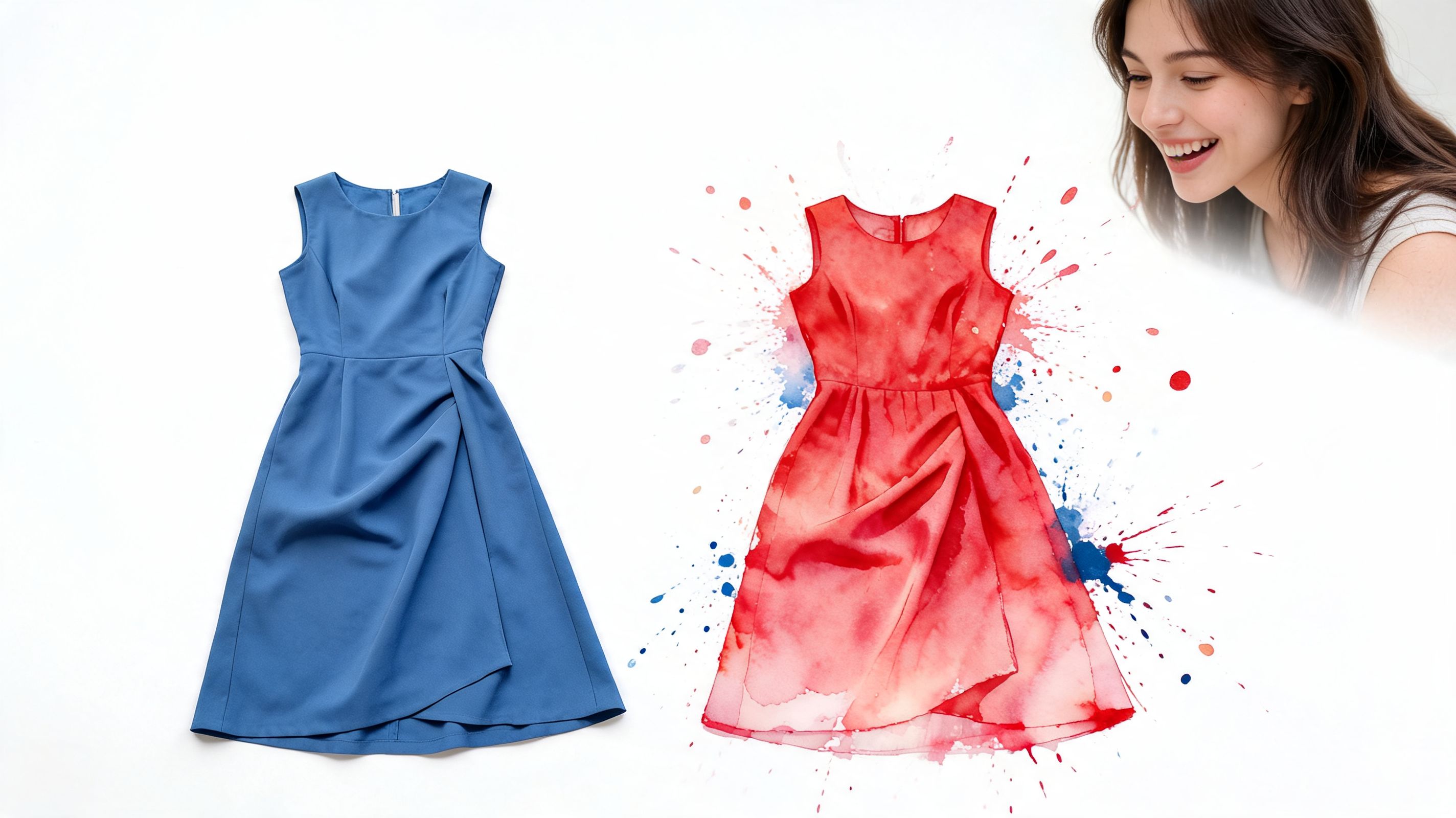 A woman looks at a blue dress next to its red watercolor version on a white background.
