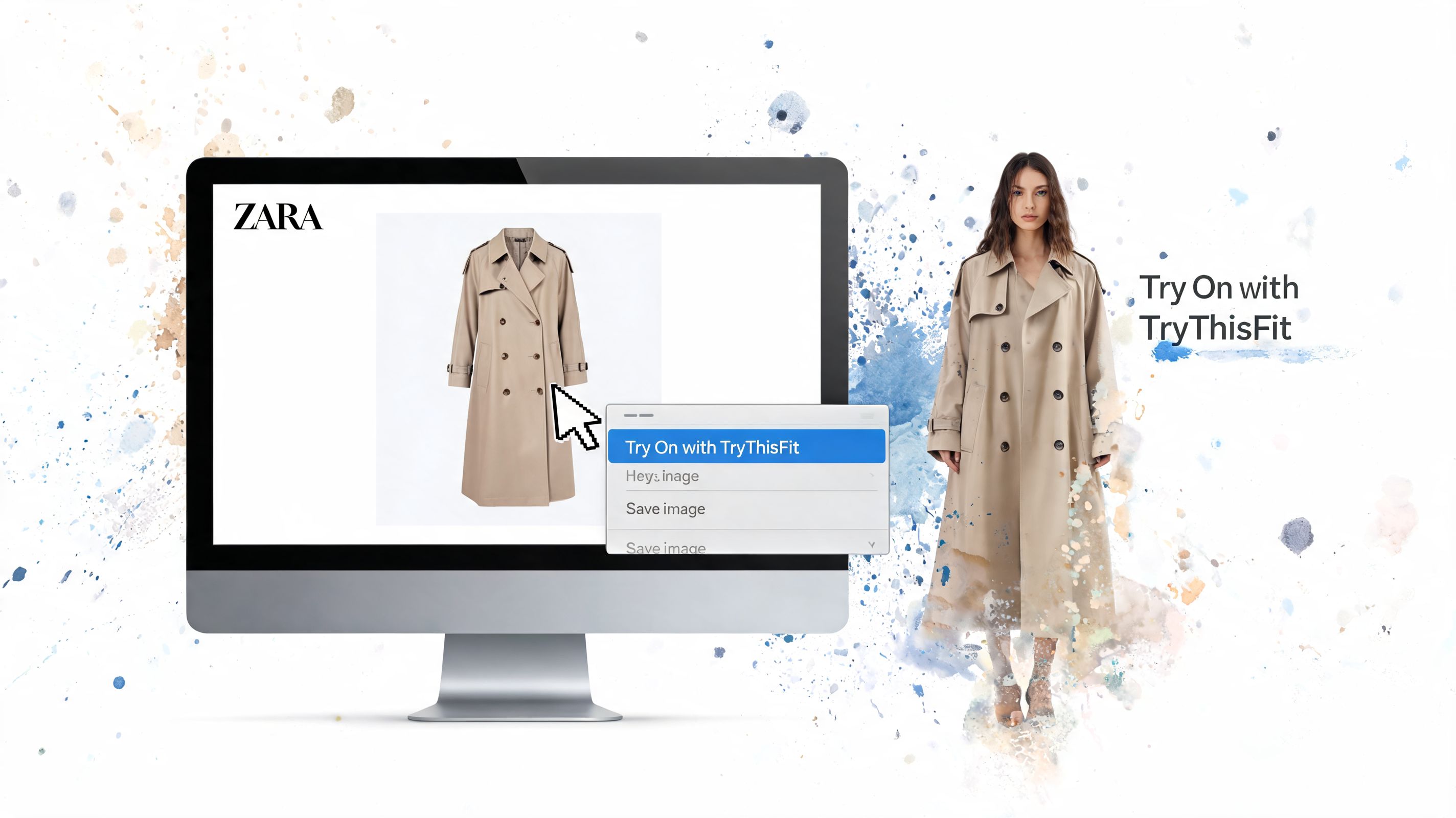 A digital screen showing a Zara trench coat with a TryThisFit try-on menu next to a model.