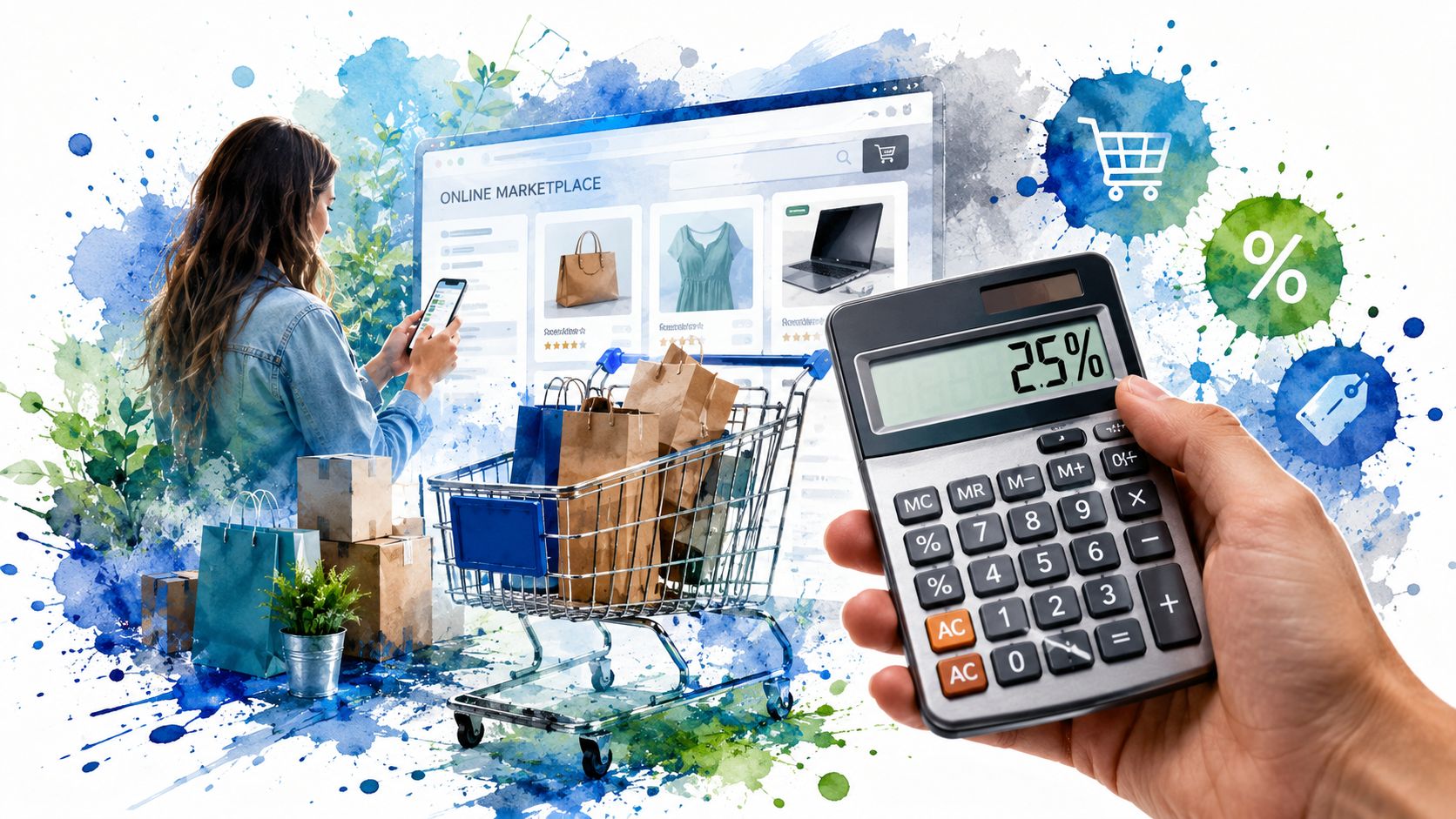 Person using a calculator to check a 25% discount for online shopping with a cart and packages.