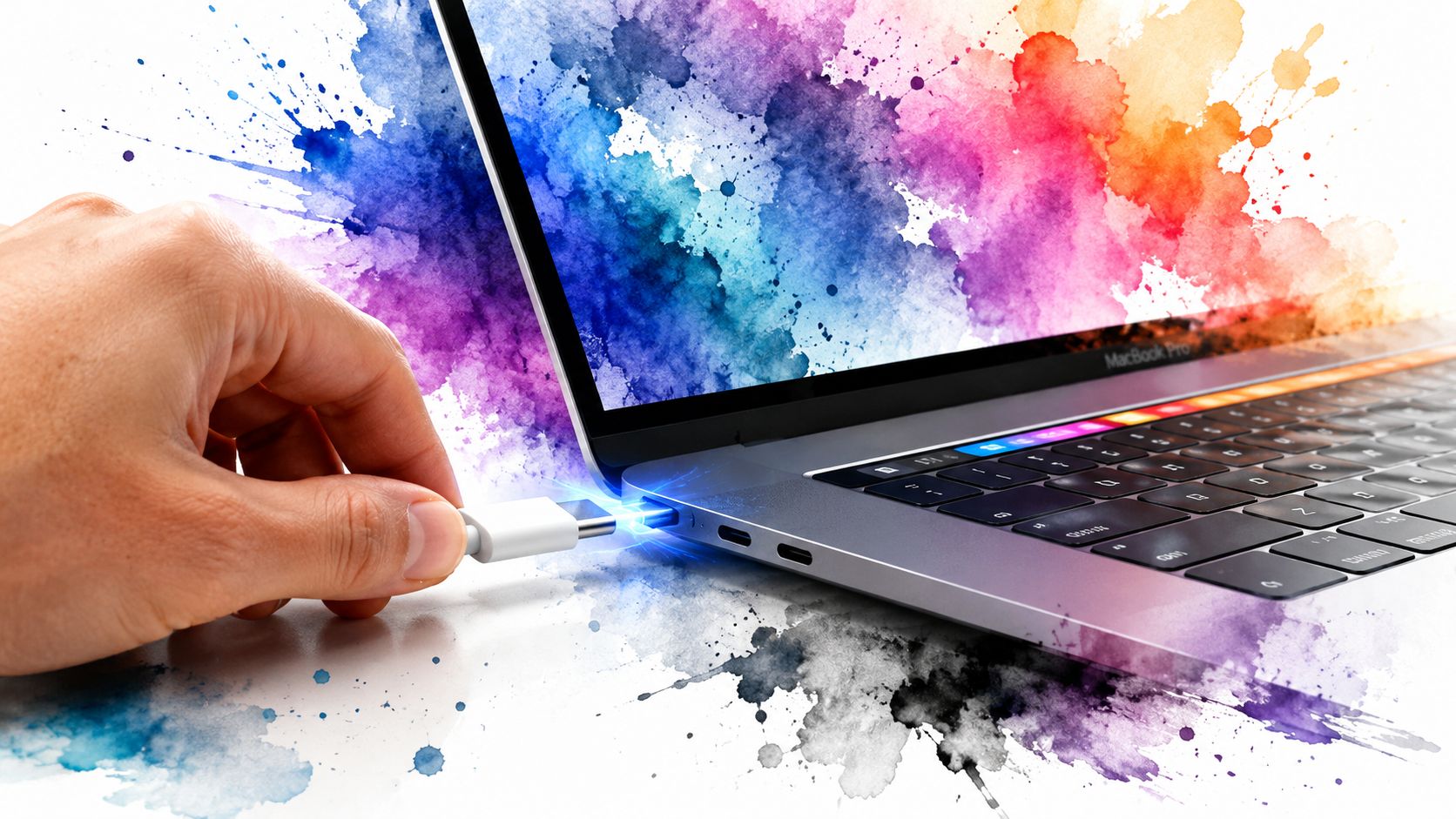A human hand plugging a USB-C charging cable into a silver MacBook Pro laptop with colorful abstract paint splatters.