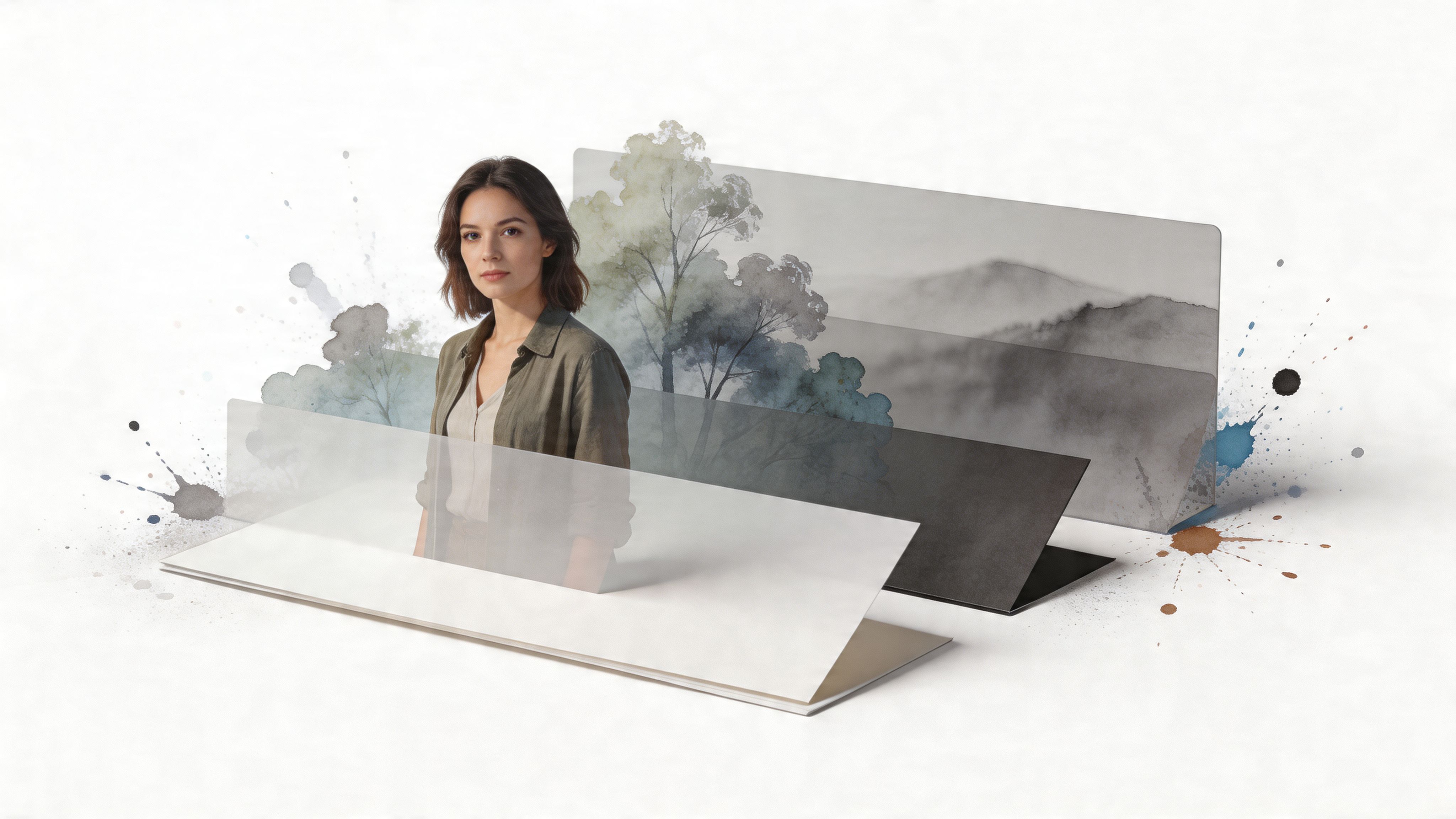 A woman stands in front of a layered 3D paper craft display featuring watercolor mountain and forest artwork.