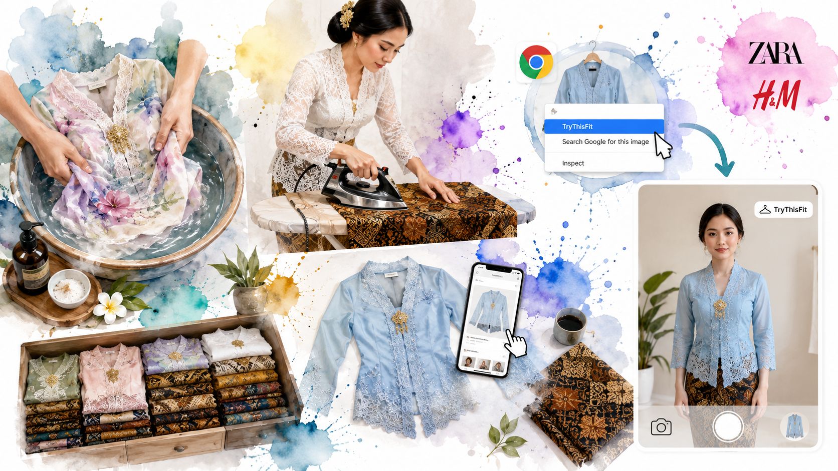 A collage showing the process of cleaning, ironing, and virtually trying on traditional Javanese Kebaya clothing.