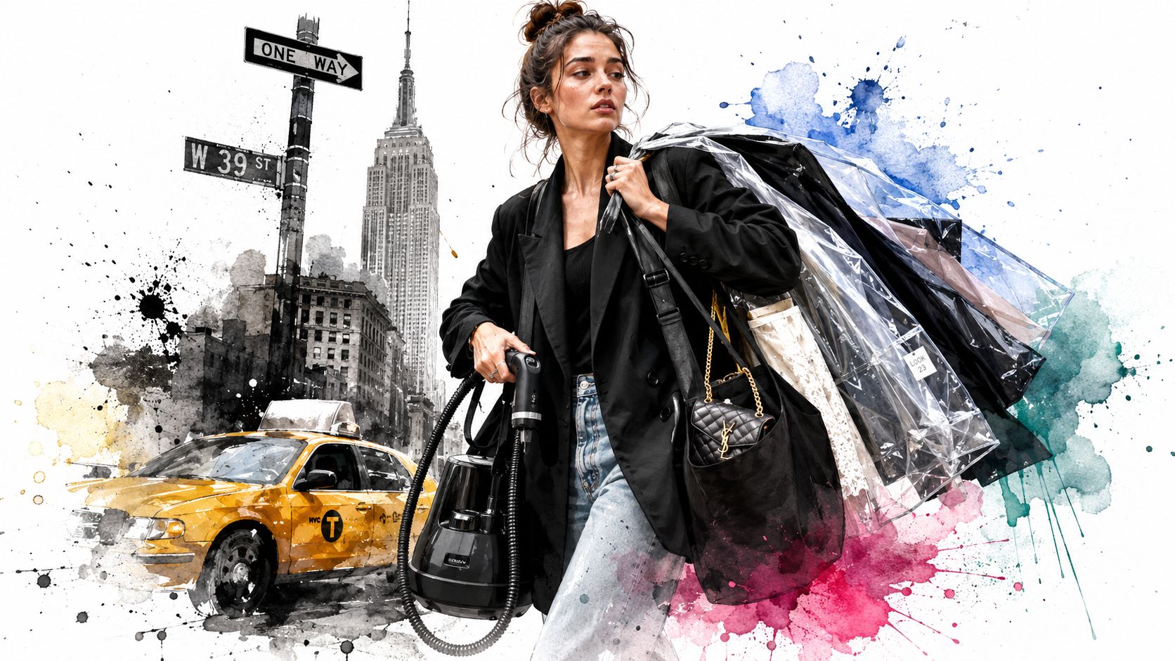A fashion stylist assistant walks through New York City carrying a steamer and multiple garment bags.