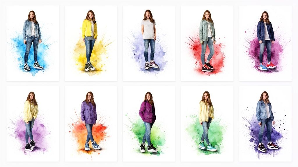 Diverse casual outfits and colorful sneakers displayed by a woman against vibrant watercolor splash backgrounds.