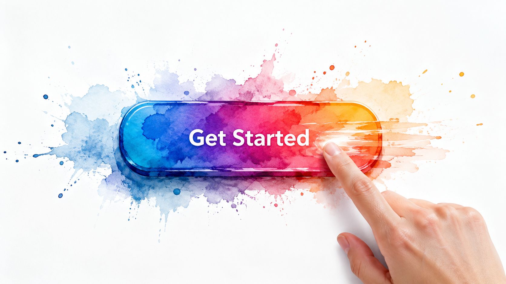 A hand presses a colorful, watercolor-style Get Started button against a clean white background.