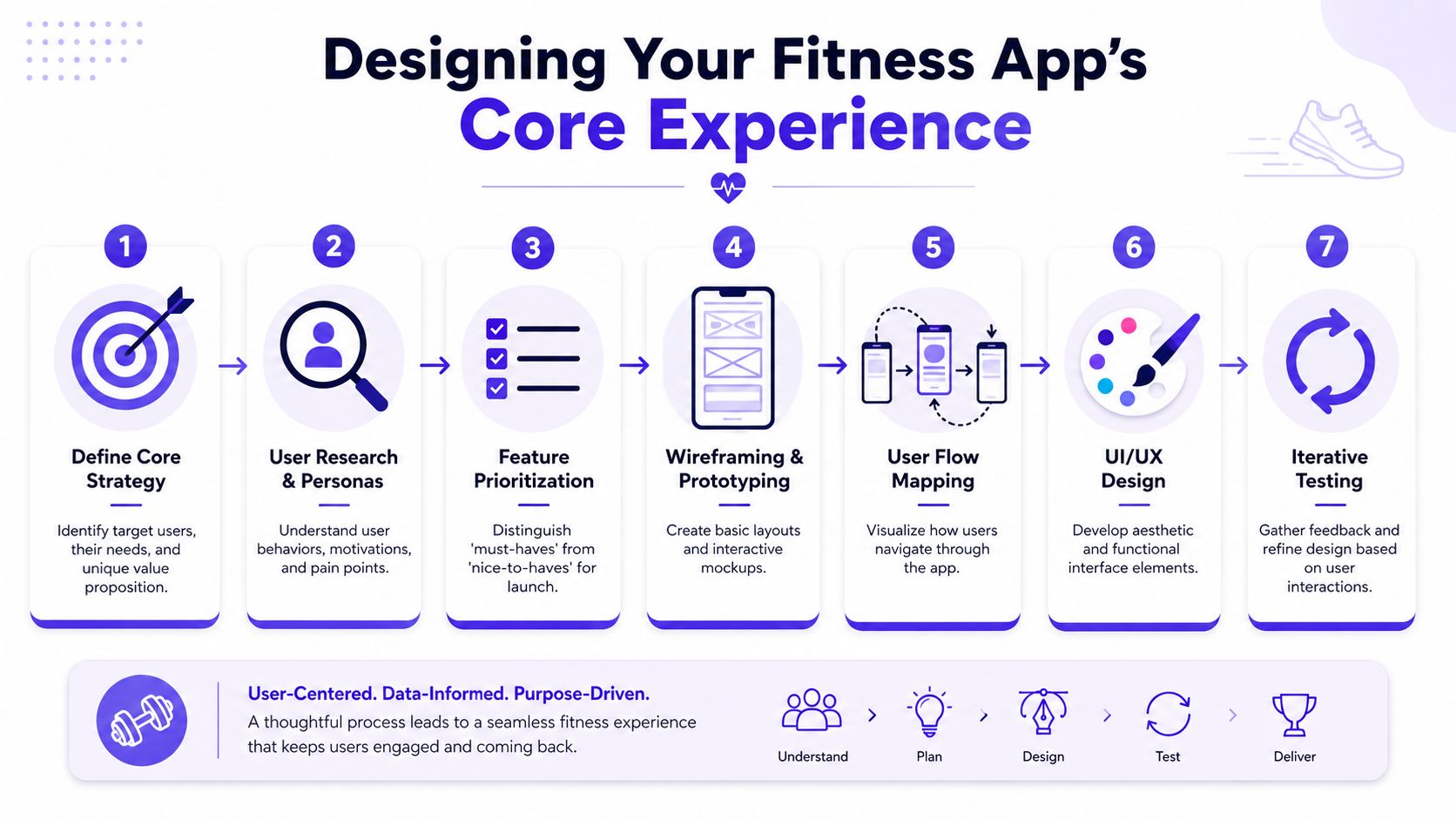 An infographic showing a seven-step design process for creating a user-centered fitness mobile application.