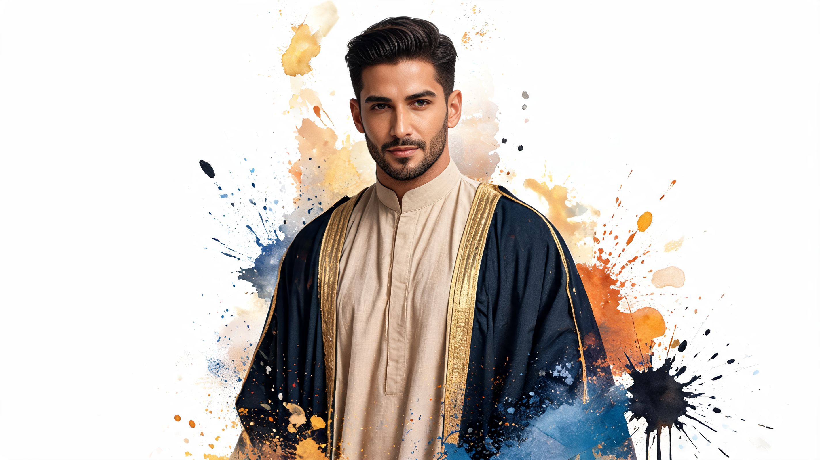 A handsome man wearing a traditional Egyptian bisht robe against an artistic watercolor splash background.