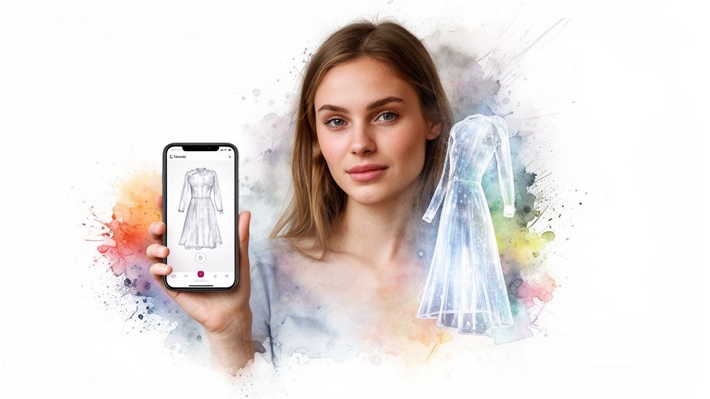 Young woman holds a smartphone showing a dress design, with a glowing virtual dress next to her.