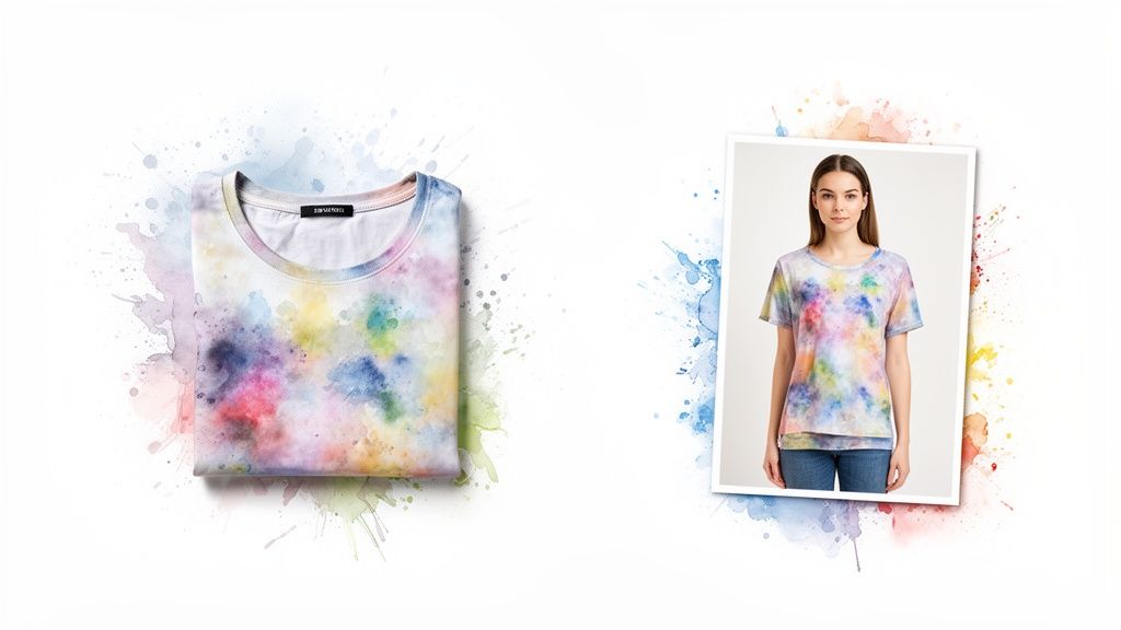 A colorful tie-dye t-shirt, folded on the left, and worn by a woman on the right, against a watercolor background.