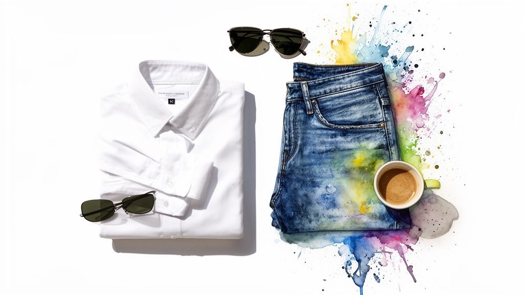 A vibrant flat lay featuring a folded white shirt, artistic watercolor-splashed jeans, sunglasses, and a coffee cup.
