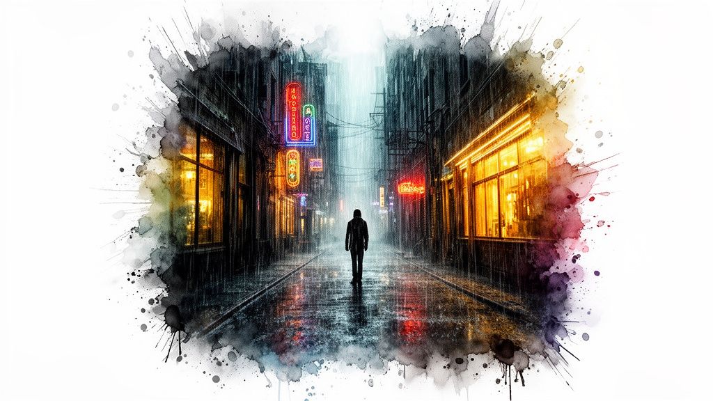 A person walks down a dark, rainy city street at night, illuminated by neon signs and warm building lights, in a watercolor style.