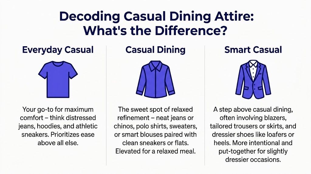 A graphic guide explaining the differences between everyday casual, casual dining, and smart casual attire.