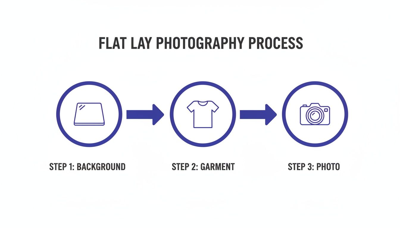 A diagram illustrating the three-step flat lay photography process: background, garment, and photo.