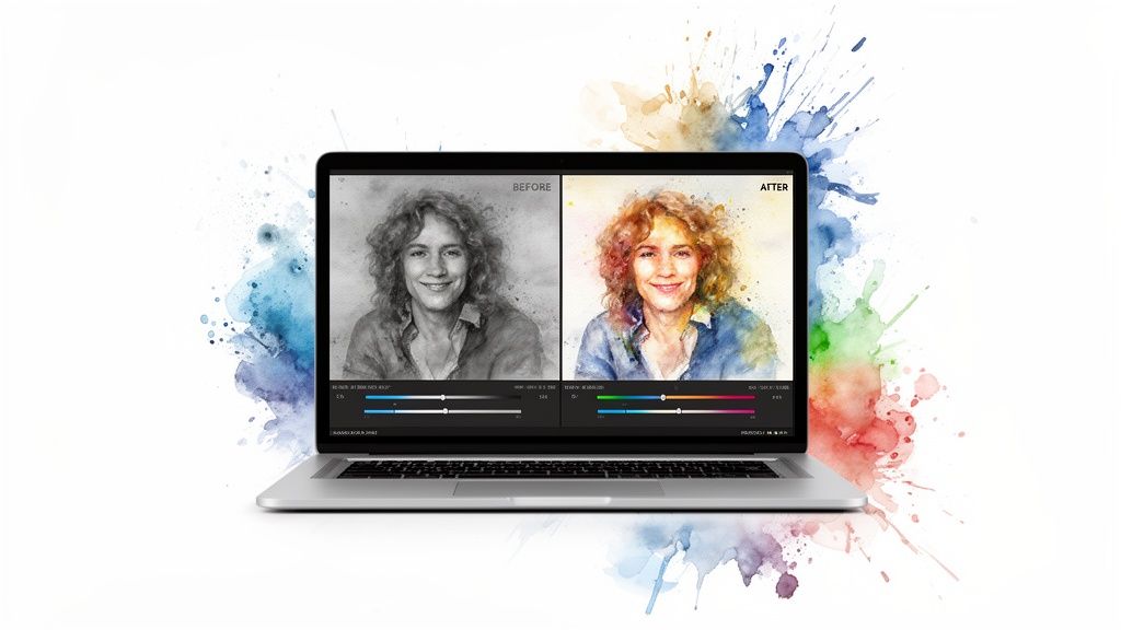 Laptop showing a before-after photo edit: a woman's portrait transformed from grayscale to colorful watercolor.