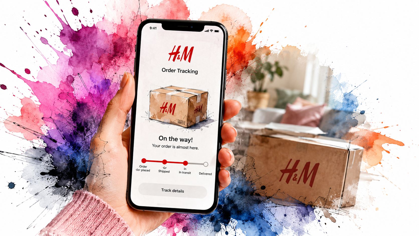 A person holding a smartphone showing an H&M order tracking screen with a package on display.