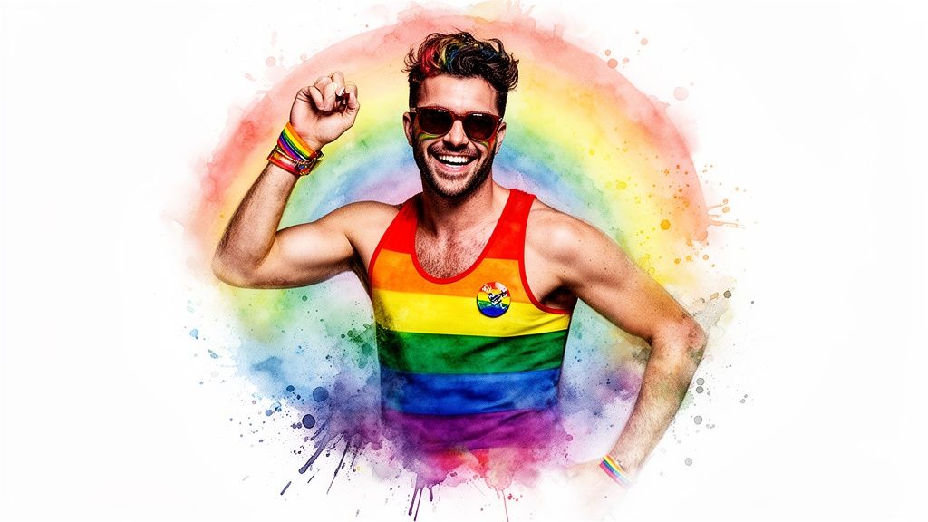 A joyful man with rainbow hair and a rainbow tank top celebrating pride.