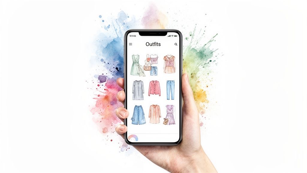 A hand holding a smartphone displaying an 'Outfits' app with various watercolor clothing items, surrounded by colorful paint splashes.