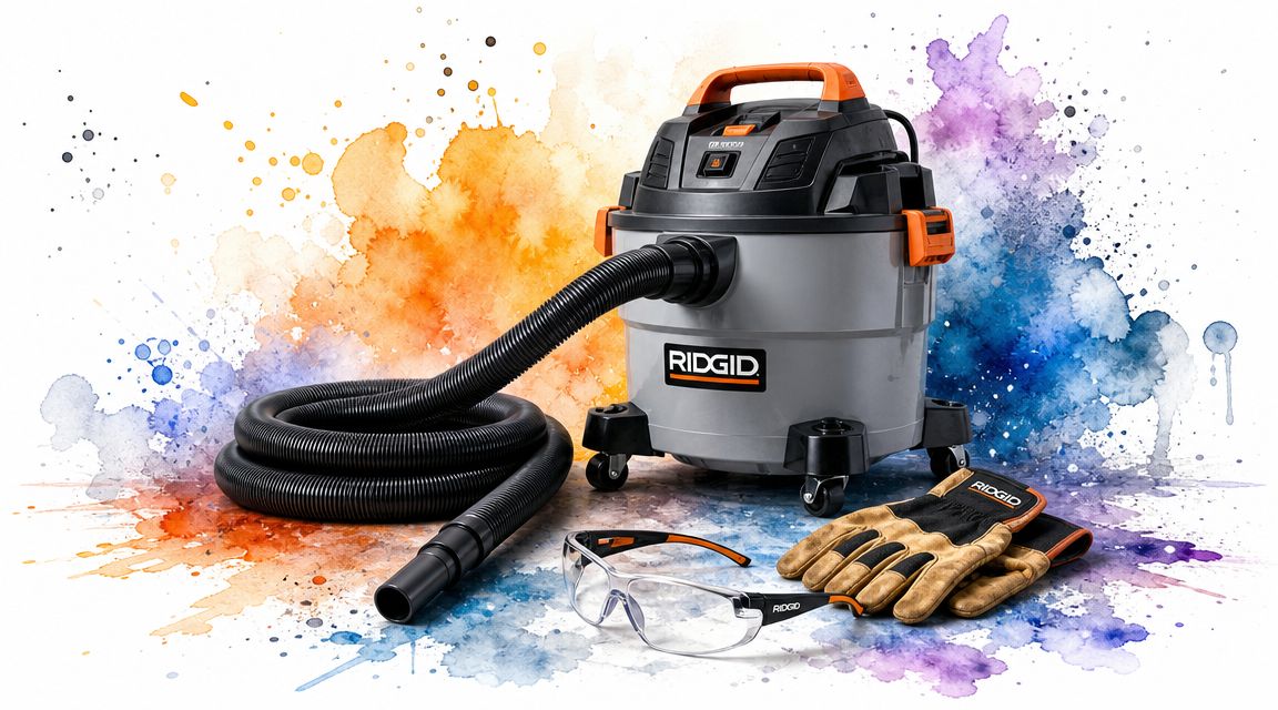 A gray and orange RIDGID shop vacuum with a hose, safety glasses, and work gloves on a watercolor background.