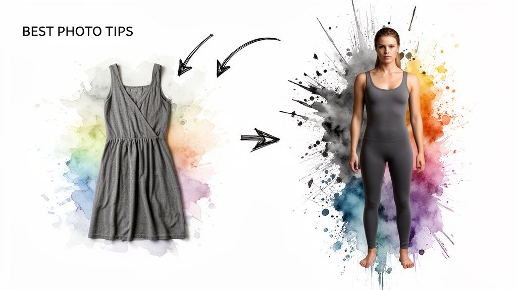 A grey dress on a splash background, with arrows pointing to a woman in grey activewear, showing best photo tips.