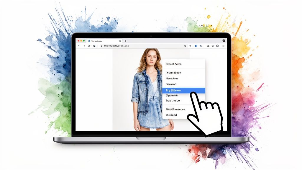 Laptop displays a woman in denim, with a cursor selecting 'Try this on' from a virtual try-on menu.