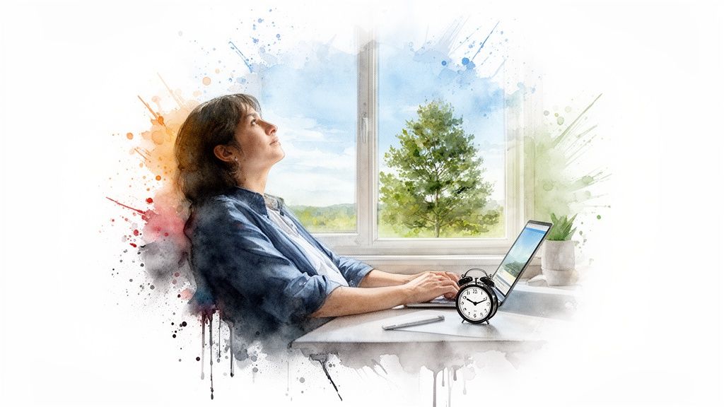 Woman looking away from laptop and out a window, taking a break from screen time.