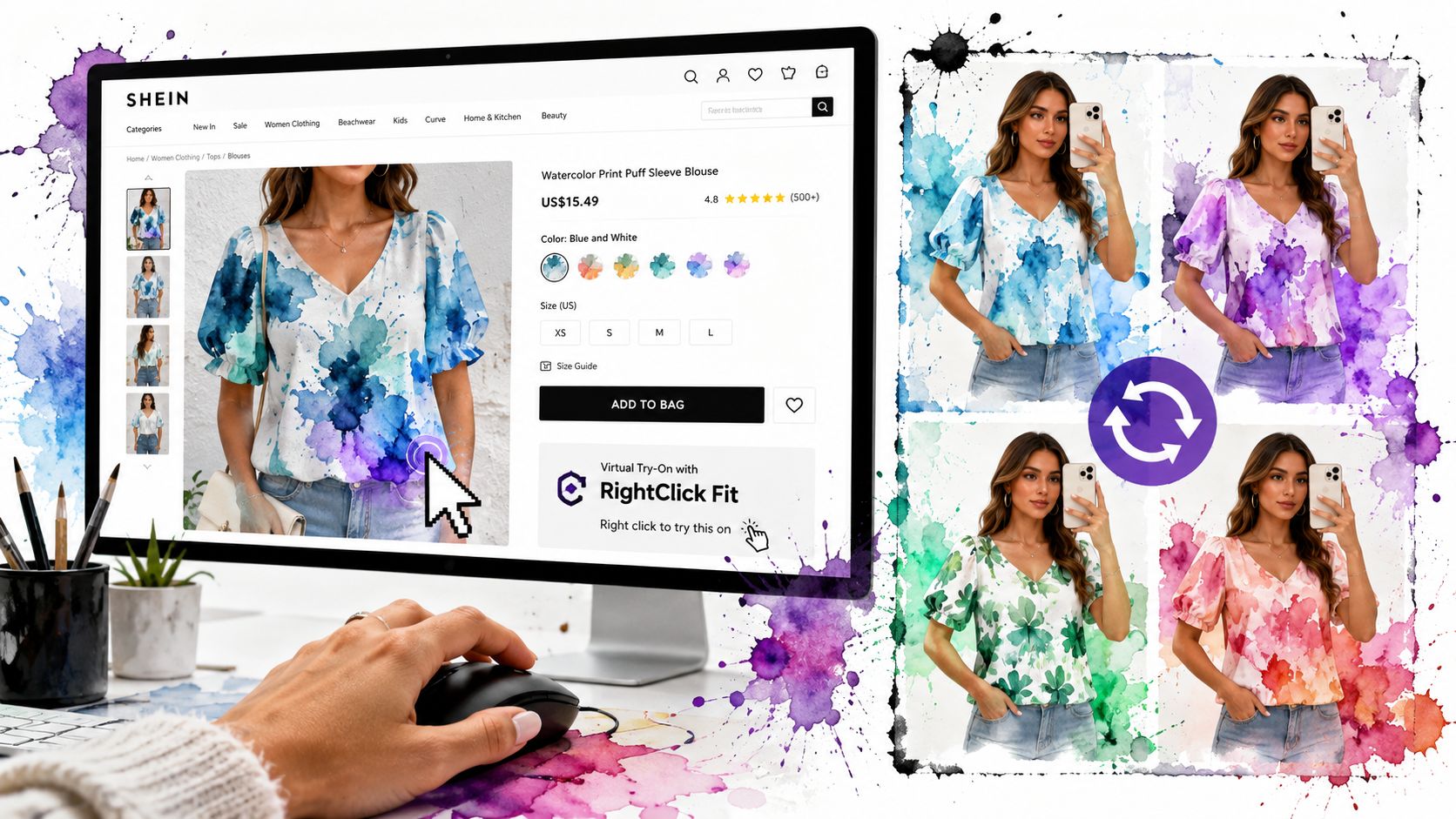 A person using a computer to shop for a watercolor print blouse on a fashion retail website.
