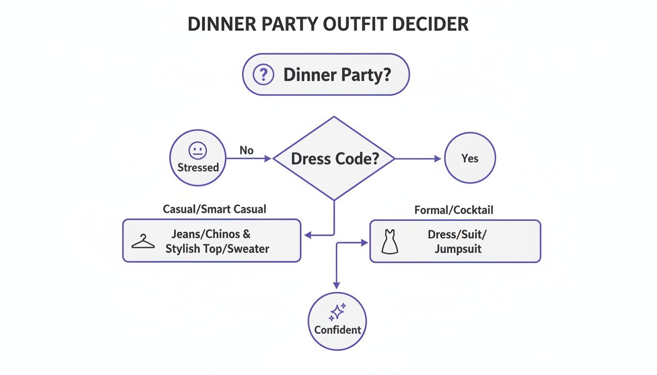 Flowchart illustrating dinner party outfit decisions, guiding choices for casual or formal dress codes.