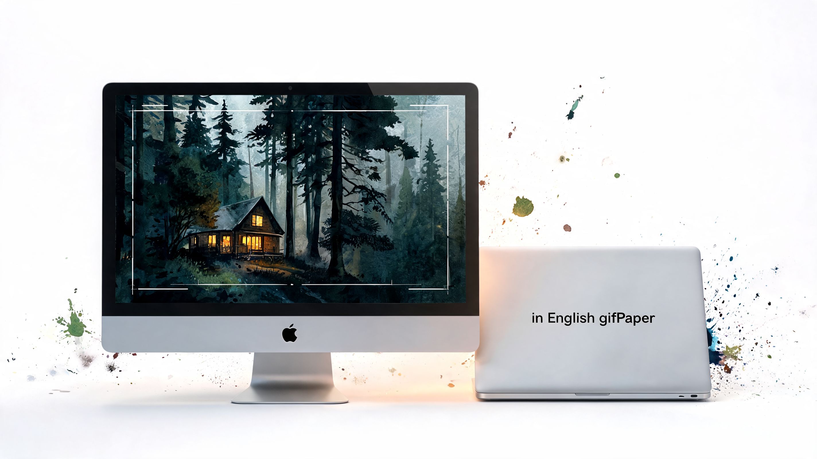 An Apple computer monitor displaying a cozy cabin in a dark forest scene next to a laptop.