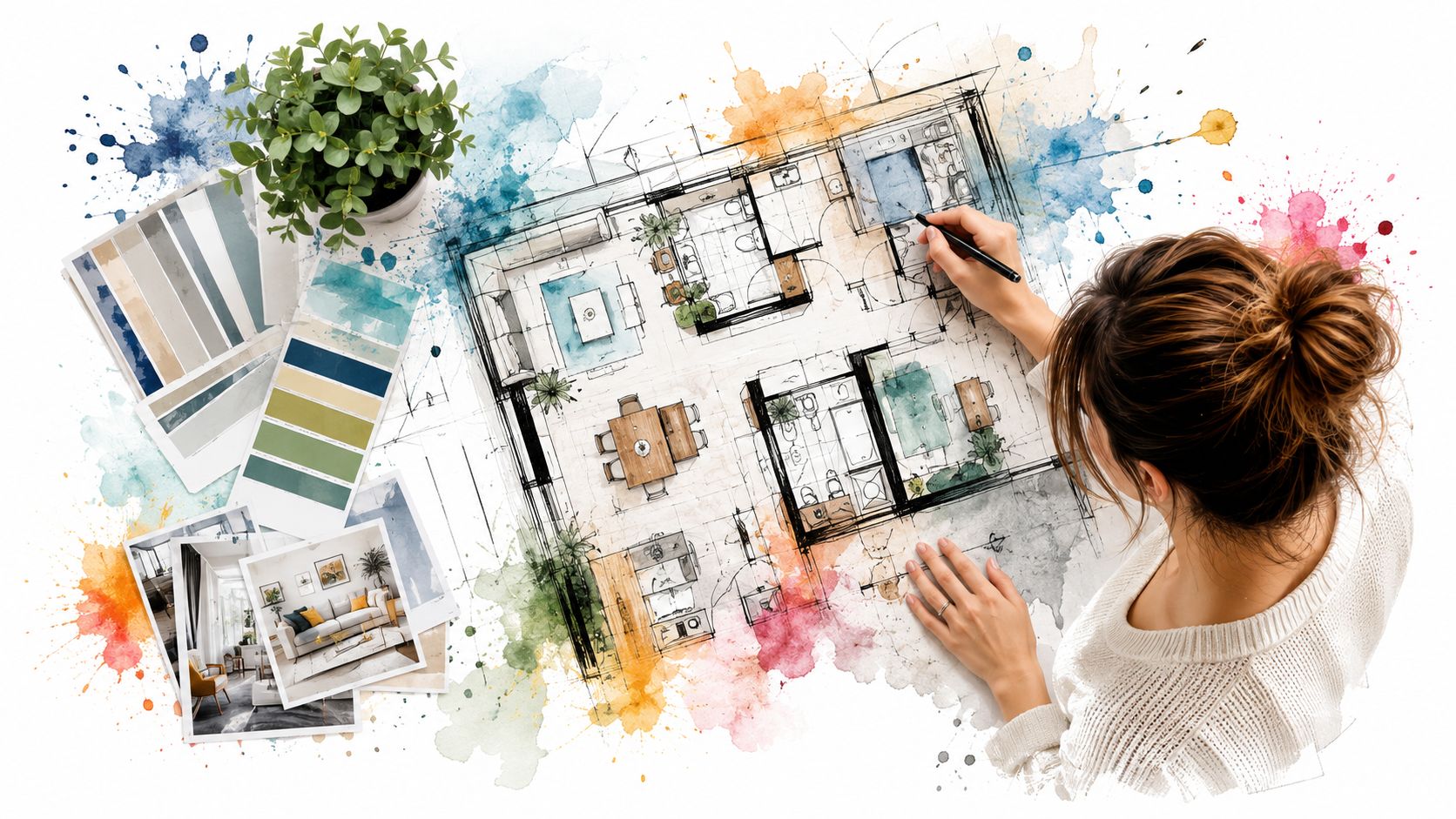 An overhead view of an interior designer sketching a floor plan surrounded by color palettes and inspiration photos.