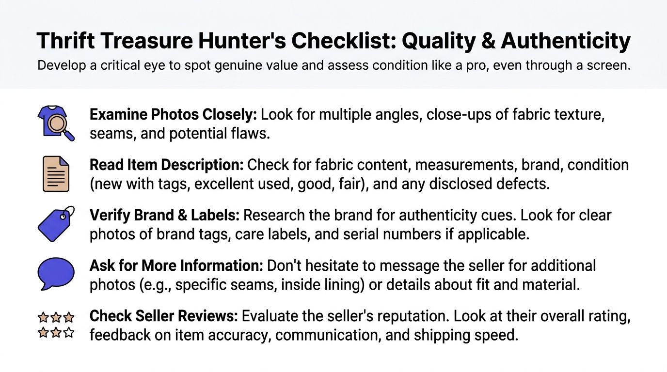 A checklist infographic titled Thrift Treasure Hunter's Checklist guiding users on assessing quality and authenticity when shopping online.