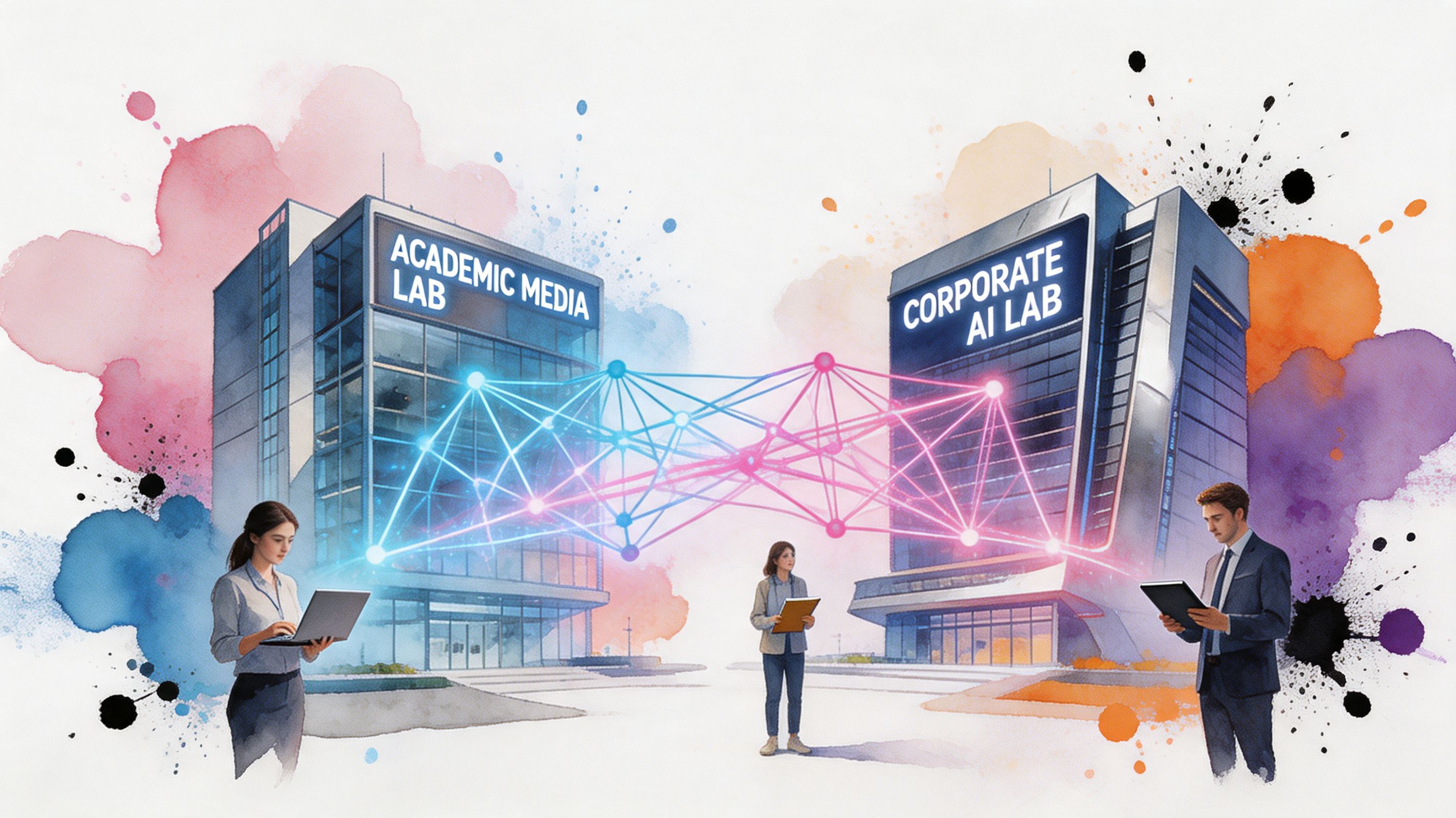 A digital illustration showing a collaborative connection between an academic media lab and a corporate AI lab.