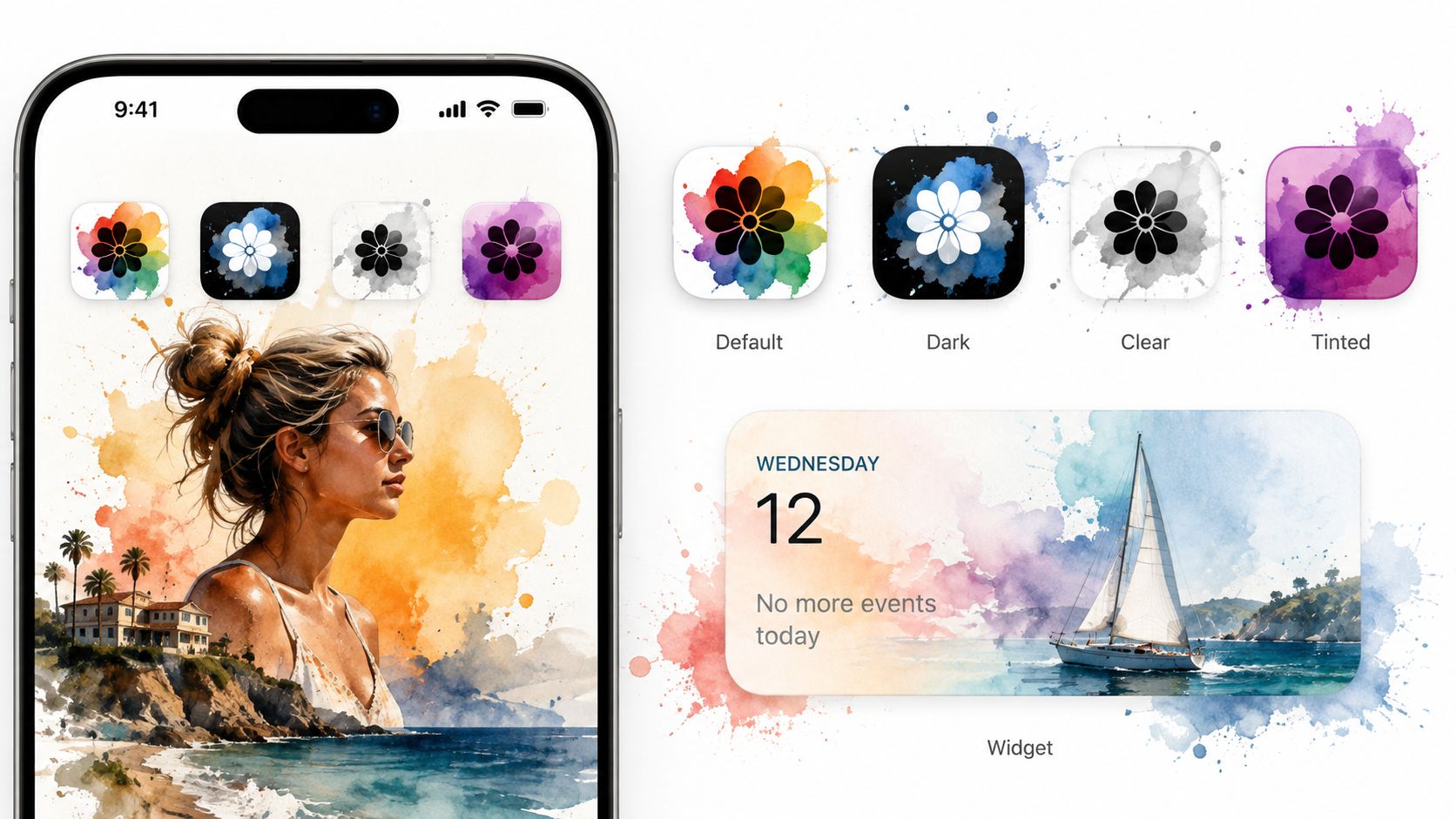 An aesthetic iPhone home screen design showcasing custom watercolor app icons and a matching calendar widget.