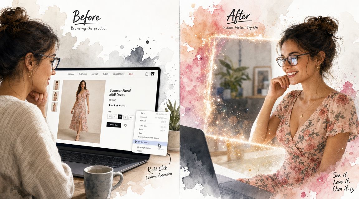 A split image showing a woman using an AI virtual try-on browser extension to preview a floral dress.