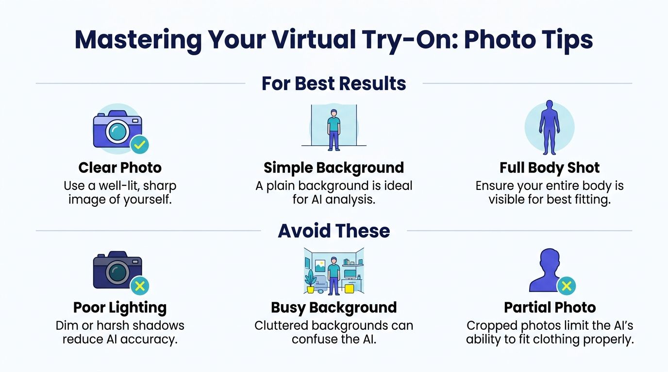 An infographic titled Mastering Your Virtual Try-On listing photo tips for AI clothing analysis.
