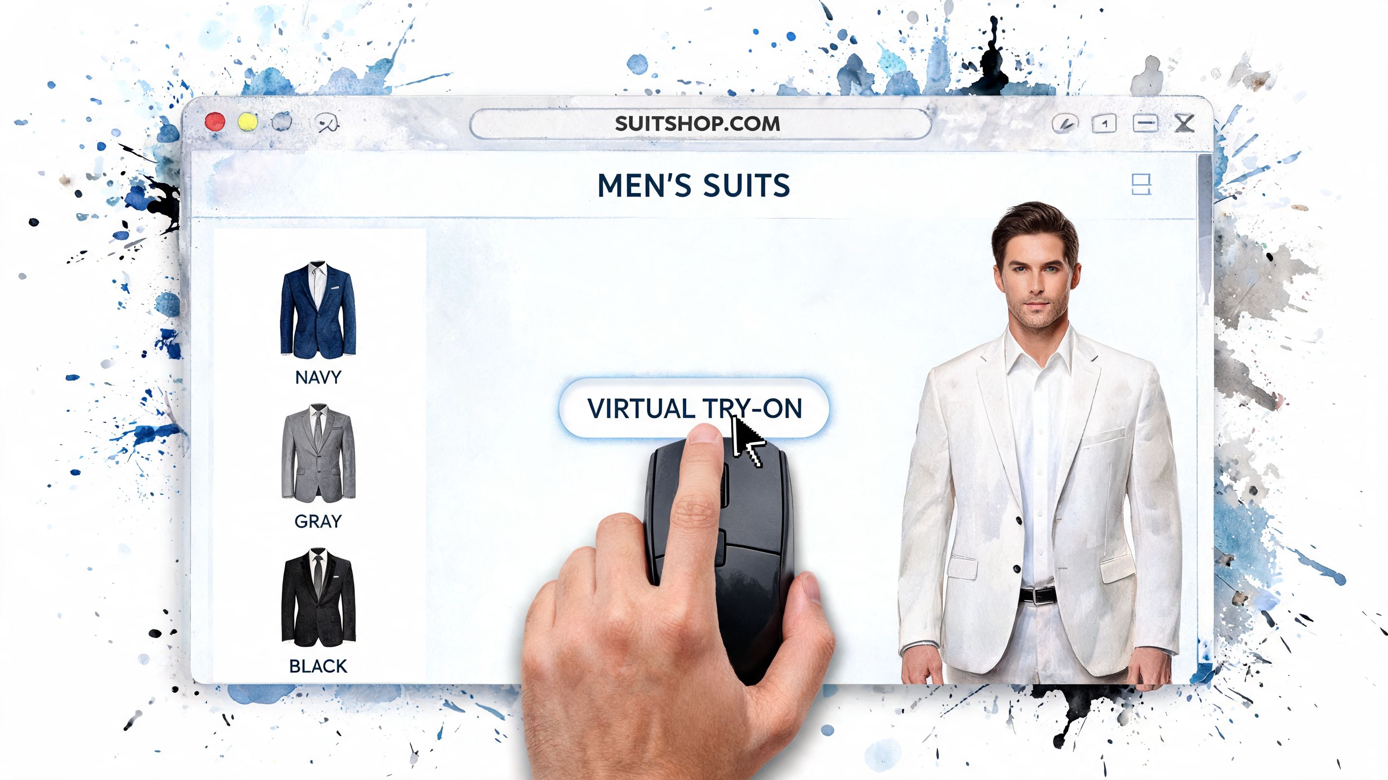 A hand using a computer mouse to click a virtual try-on button for men's suits online.