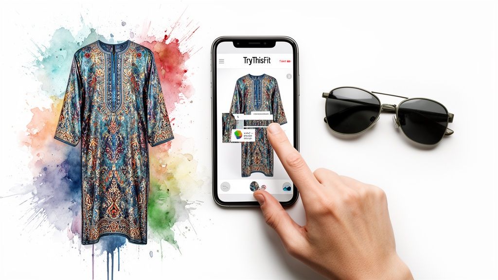 Colorful patterned tunic, smartphone with fashion app, a hand interacting, and sunglasses.