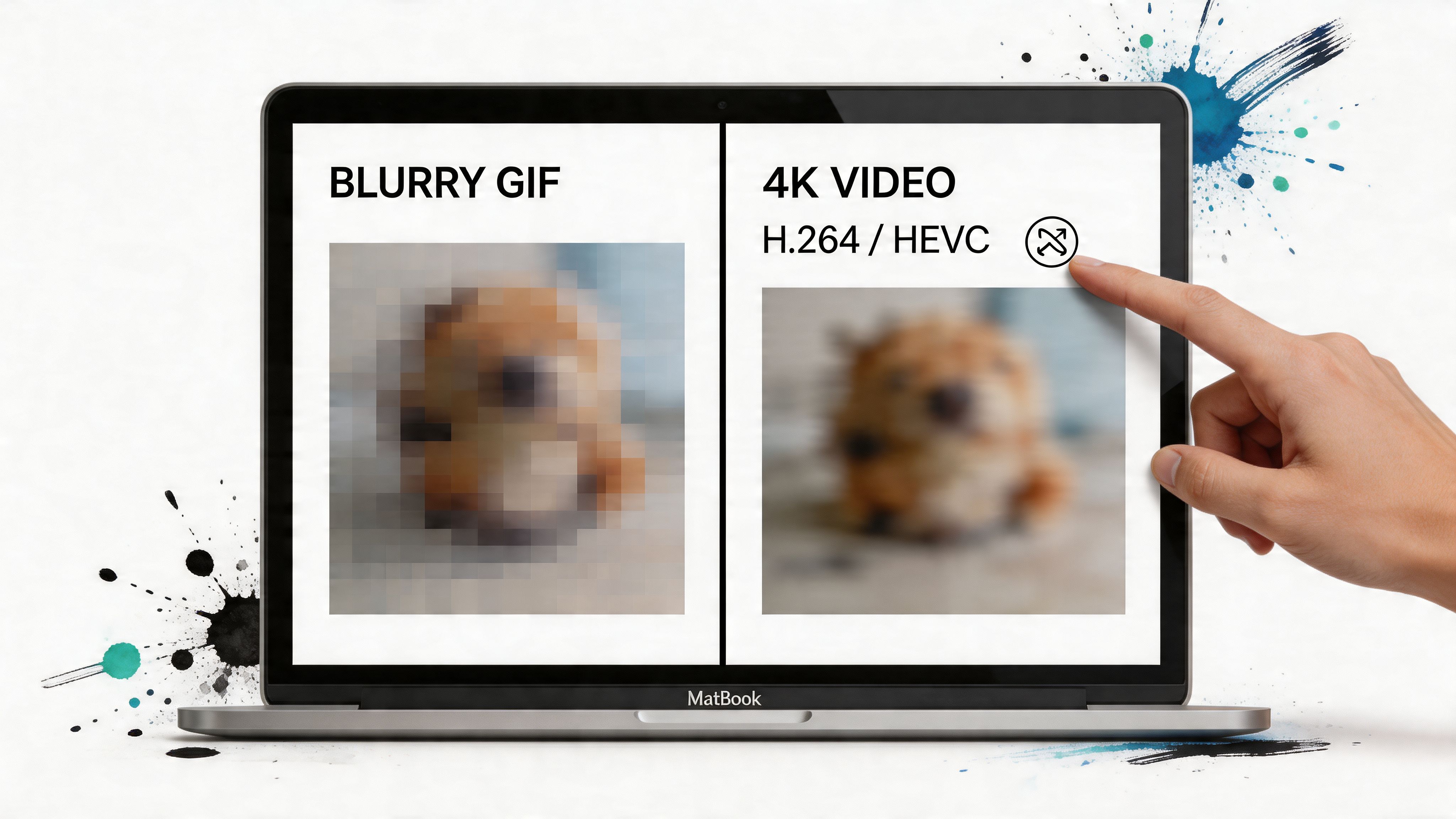 A hand selecting an option on a laptop screen showing a comparison between a blurry GIF and 4K video.
