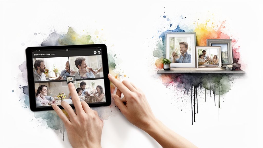 Hands interact with a tablet displaying digital photos, while framed prints rest on a shelf with watercolor art.