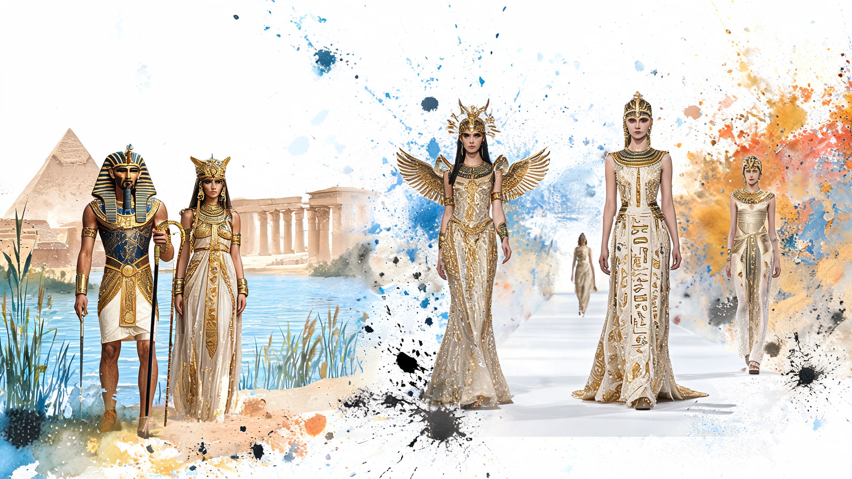 Models and pharaohs dressed in intricate golden Ancient Egyptian fashion with pyramid and temple background